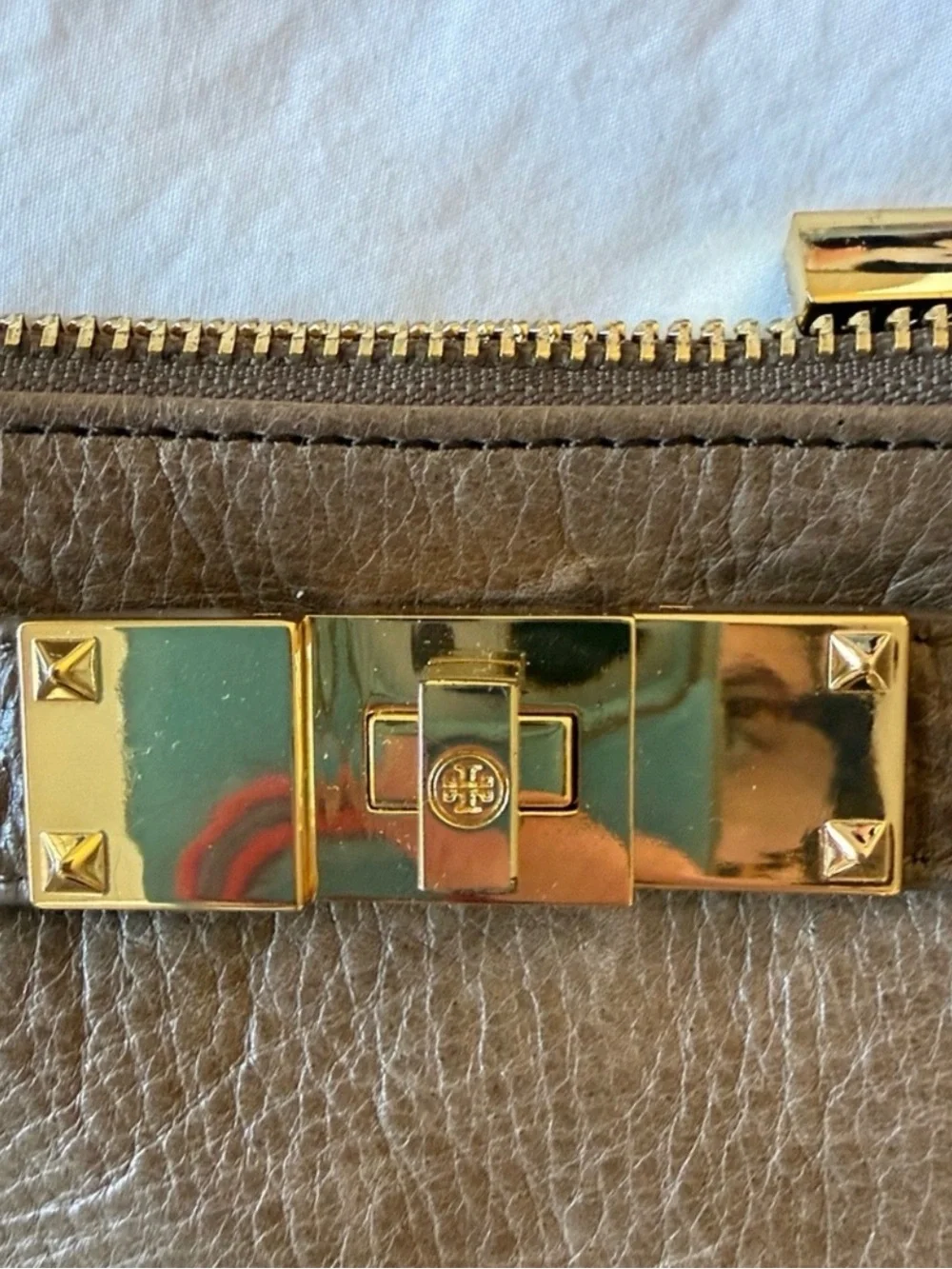 Tory Burch Brown Leather Wristlet With Gold Turn Lock & Studs